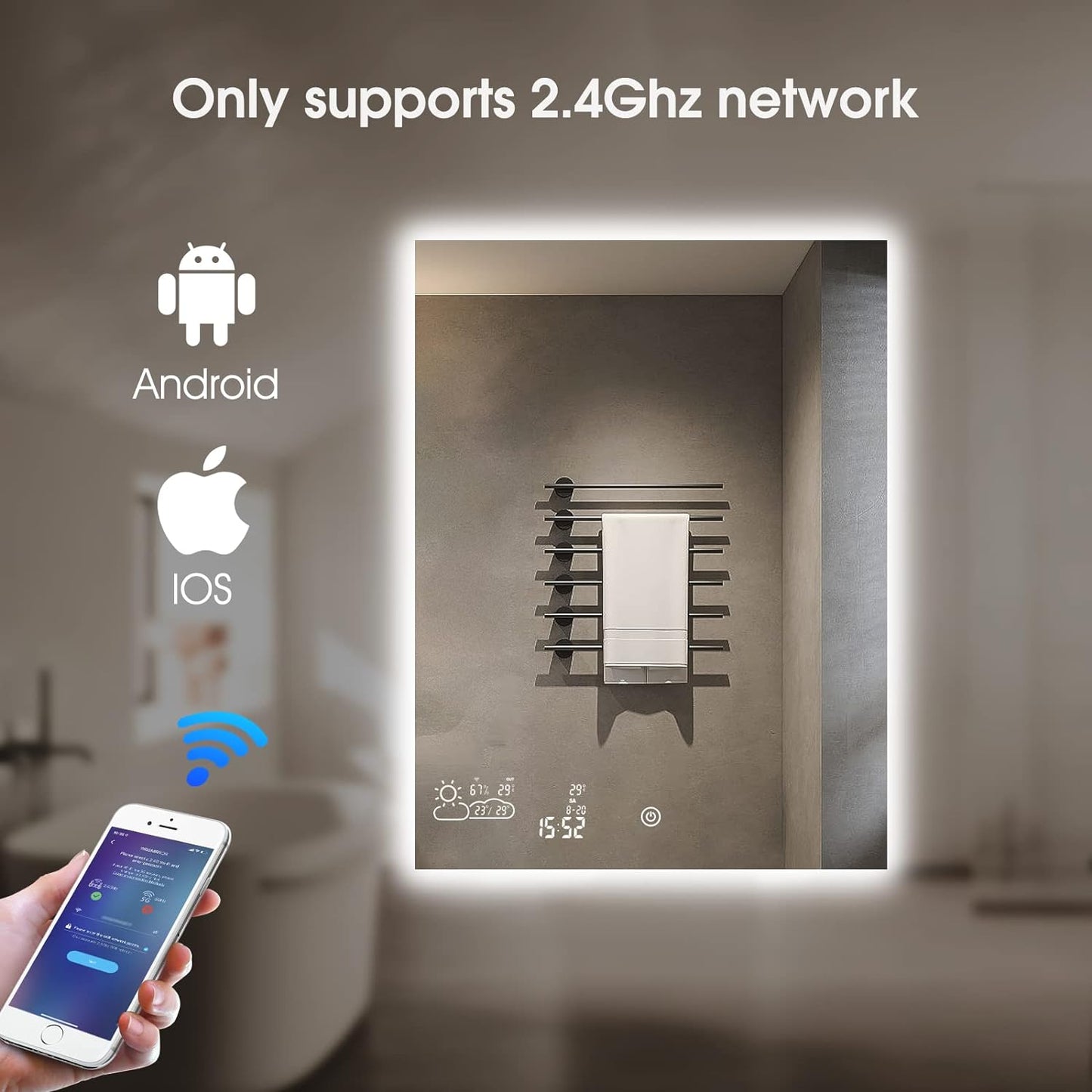 Wifi 24X32 Smart Bathroom Mirror with Bluetooth Enabled Weather Display, LED Bathroom Vanity Mirror with Lights, 2 Colors Lights, Backlit Touch Sensor, Anti-Fog- Vertically Hang Only