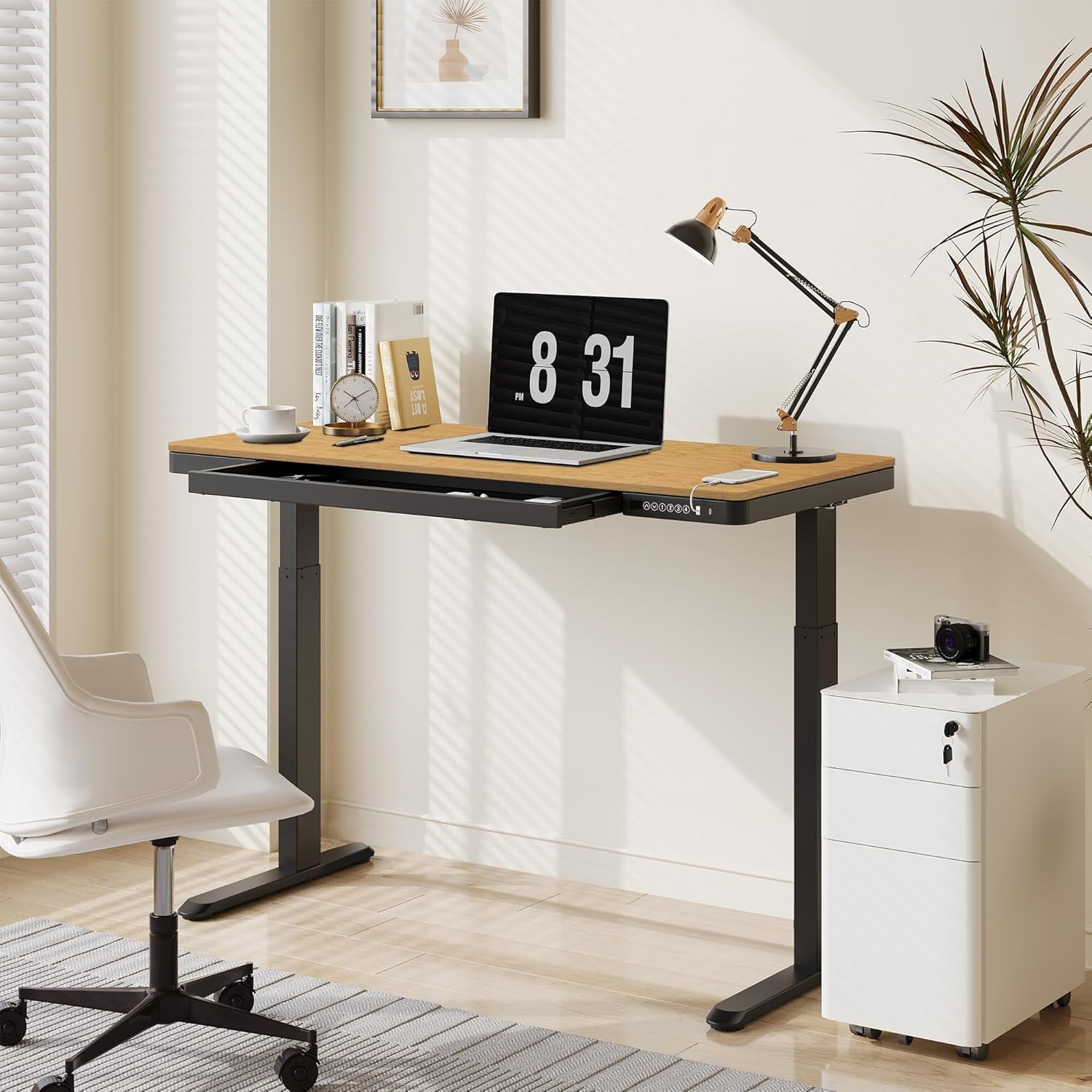 Comhar Electric Standing Desk with Drawer - Adjustable Bamboo & Black Frame with USB Charging Ports