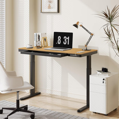 Comhar Electric Standing Desk with Drawer - Adjustable Bamboo & Black Frame with USB Charging Ports