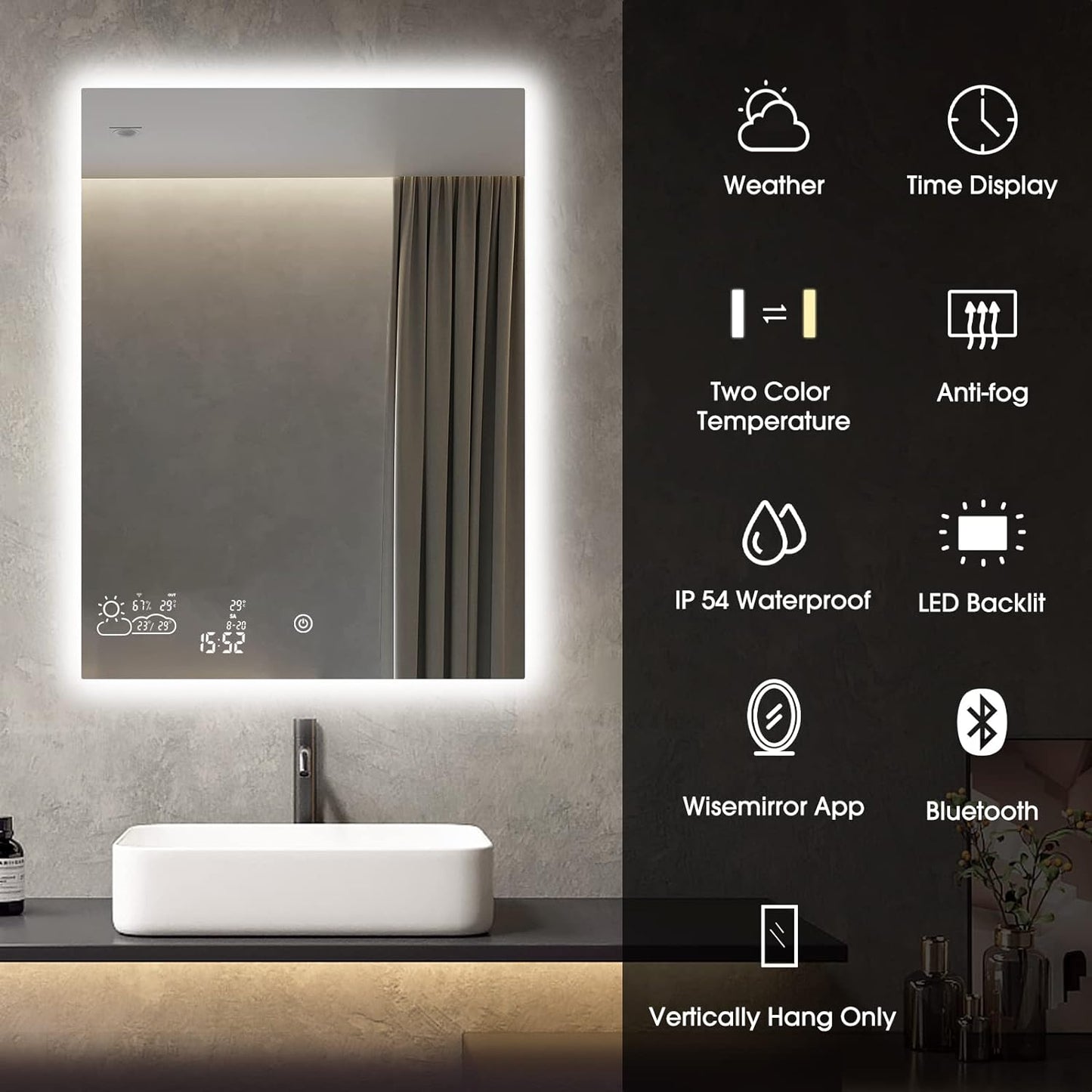 Wifi 24X32 Smart Bathroom Mirror with Bluetooth Enabled Weather Display, LED Bathroom Vanity Mirror with Lights, 2 Colors Lights, Backlit Touch Sensor, Anti-Fog- Vertically Hang Only