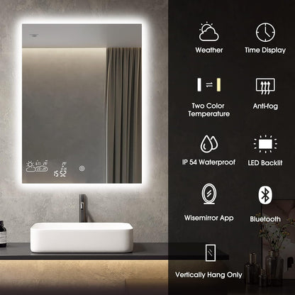 Wifi 24X32 Smart Bathroom Mirror with Bluetooth Enabled Weather Display, LED Bathroom Vanity Mirror with Lights, 2 Colors Lights, Backlit Touch Sensor, Anti-Fog- Vertically Hang Only