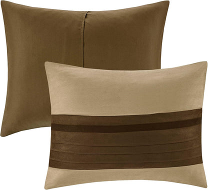 Palmer Comforter Set-Luxury Faux Suede Design, Striped Accent, All Season down Alternative Bedding, Matching Shams, Decorative Pillow, Bed Skirt, Queen (90 in X 90 In), Natural 7 Piece