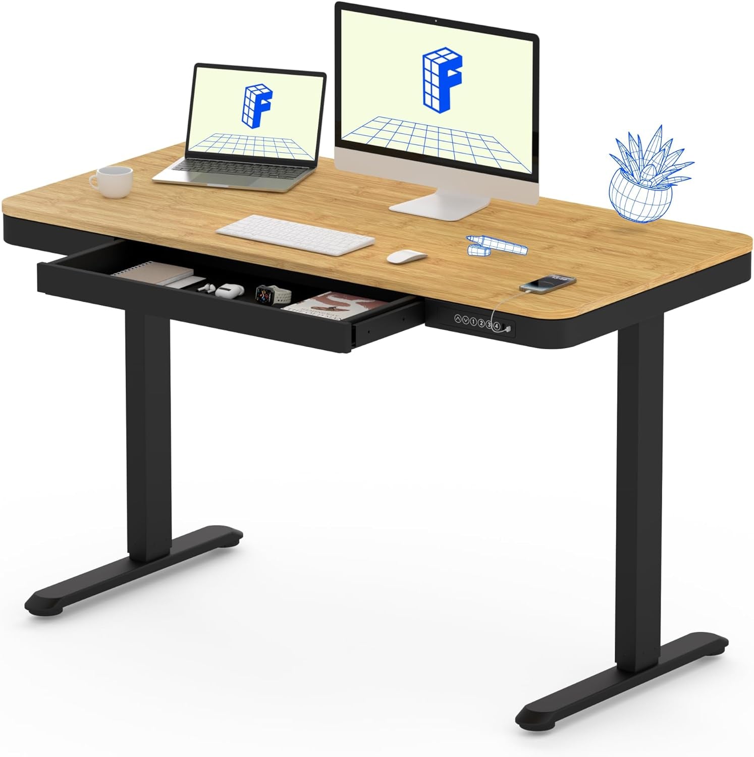Comhar Electric Standing Desk with Drawer - Adjustable Bamboo & Black Frame with USB Charging Ports