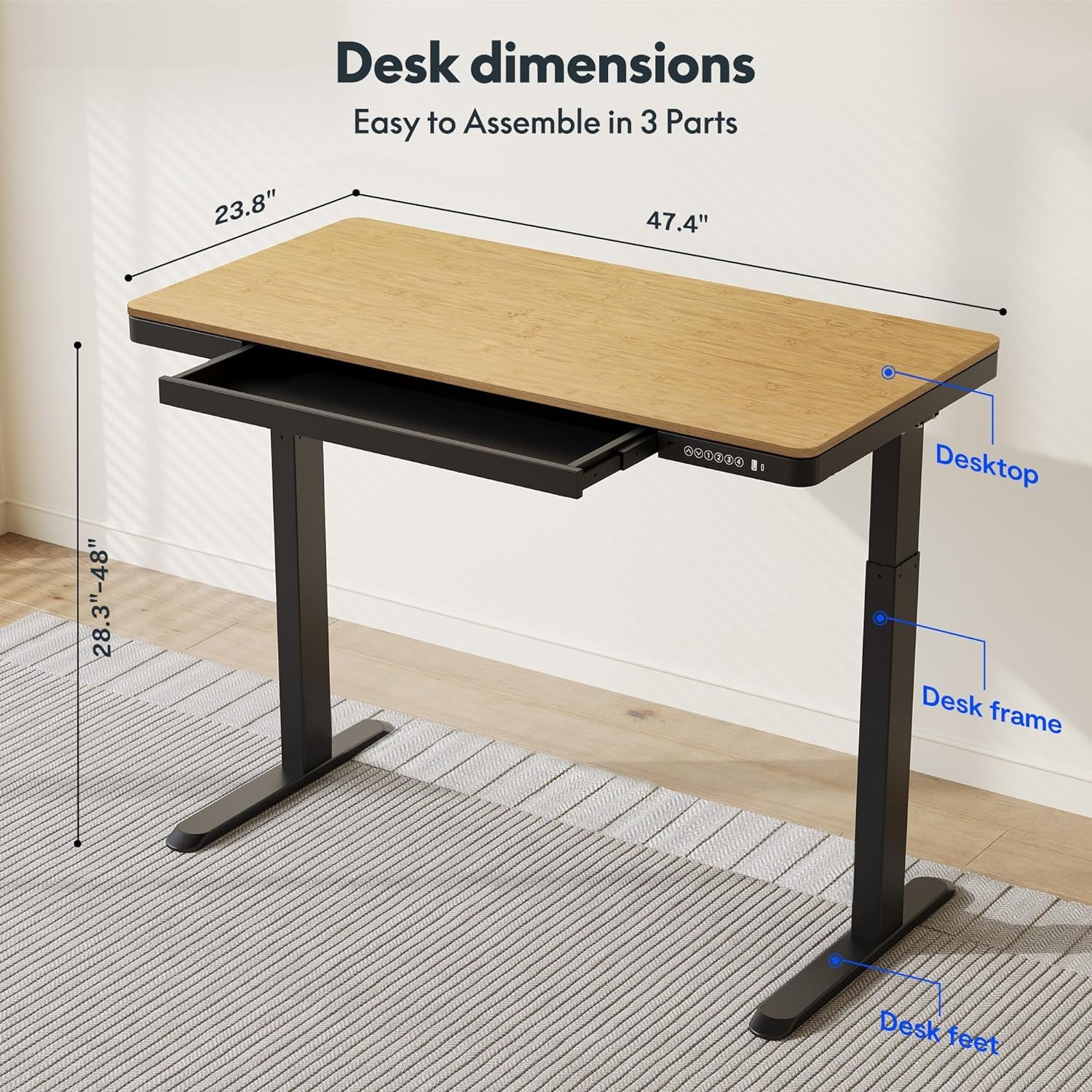 Comhar Electric Standing Desk with Drawer - Adjustable Bamboo & Black Frame with USB Charging Ports