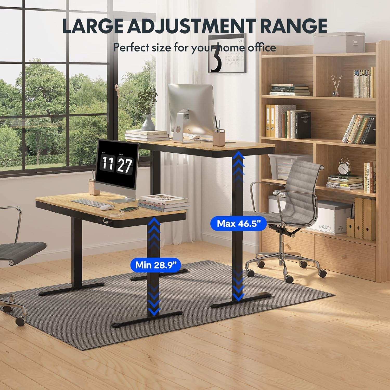 Comhar Electric Standing Desk with Drawer - Adjustable Bamboo & Black Frame with USB Charging Ports