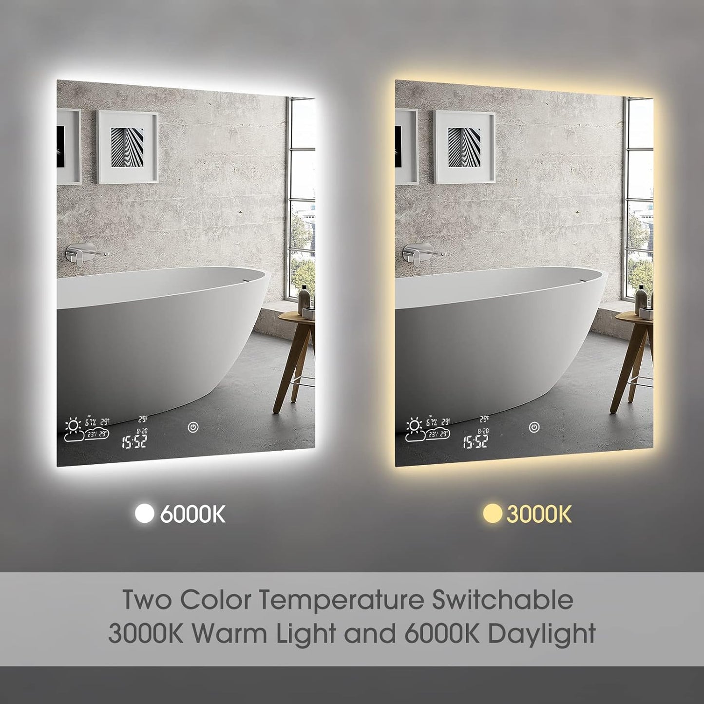 Wifi 24X32 Smart Bathroom Mirror with Bluetooth Enabled Weather Display, LED Bathroom Vanity Mirror with Lights, 2 Colors Lights, Backlit Touch Sensor, Anti-Fog- Vertically Hang Only