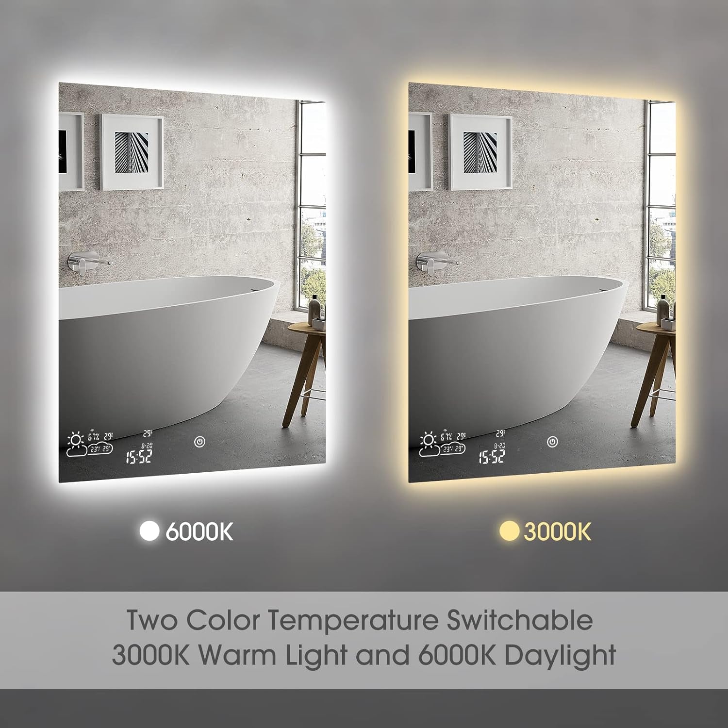 Wifi 24X32 Smart Bathroom Mirror with Bluetooth Enabled Weather Display, LED Bathroom Vanity Mirror with Lights, 2 Colors Lights, Backlit Touch Sensor, Anti-Fog- Vertically Hang Only