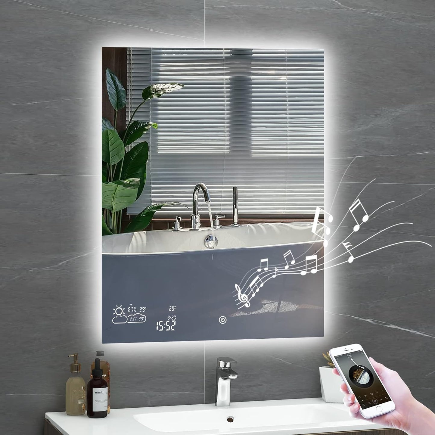 Wifi 24X32 Smart Bathroom Mirror with Bluetooth Enabled Weather Display, LED Bathroom Vanity Mirror with Lights, 2 Colors Lights, Backlit Touch Sensor, Anti-Fog- Vertically Hang Only