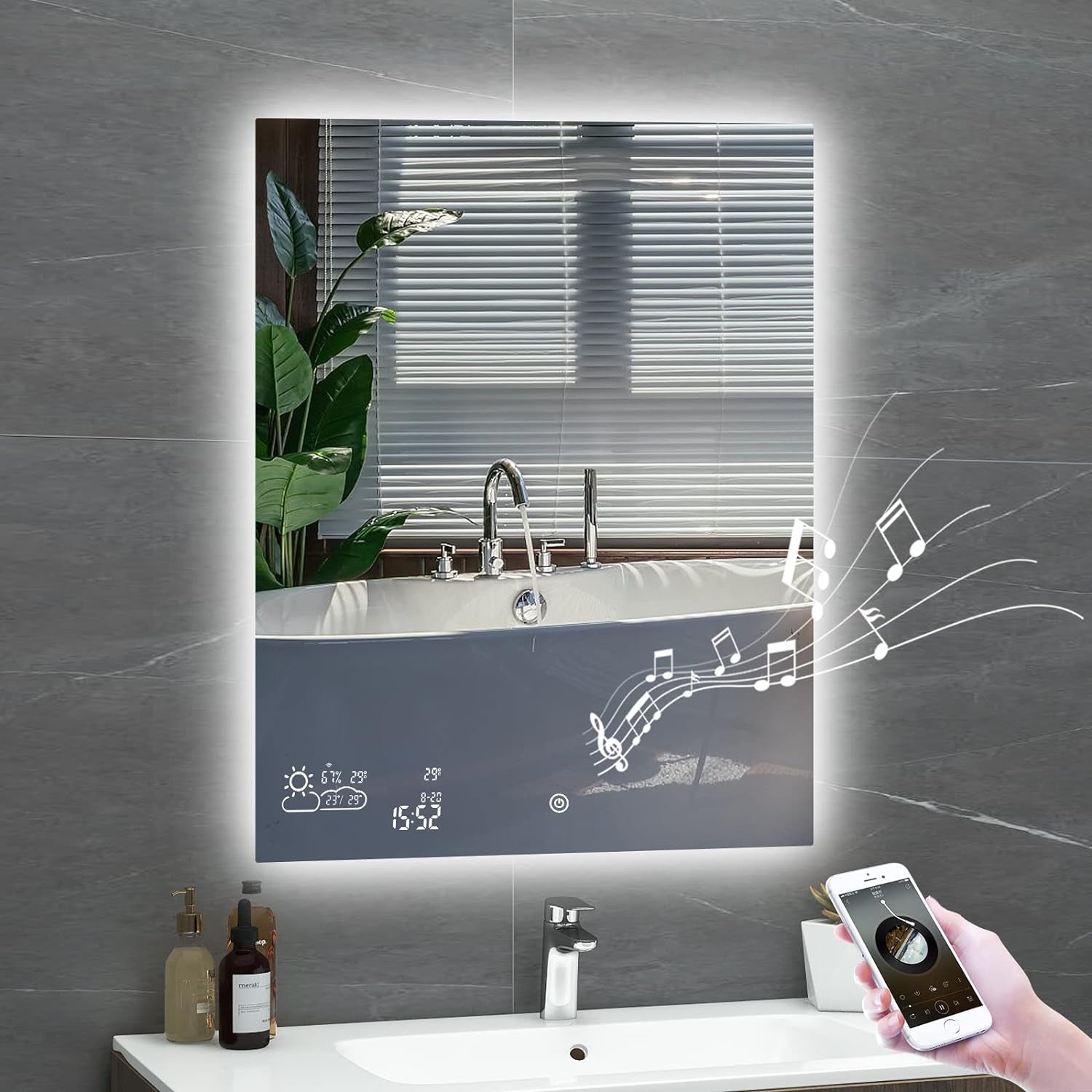 Wifi 24X32 Smart Bathroom Mirror with Bluetooth Enabled Weather Display, LED Bathroom Vanity Mirror with Lights, 2 Colors Lights, Backlit Touch Sensor, Anti-Fog- Vertically Hang Only