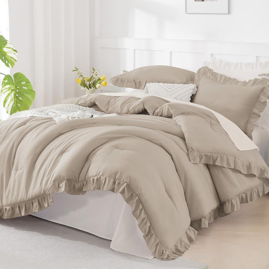 Wheat Ruffled Comforter King(104X90Inch), 3 Pieces(1 Ruffle Comforter and 2 Pillowcases) Vintage Ruffle Fringe Comforter, Farmhouse Rustic Microfiber down Alternative Bedding Comforter Set