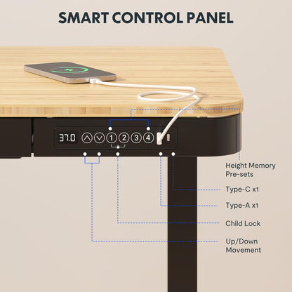 Comhar Electric Standing Desk with Drawer - Adjustable Bamboo & Black Frame with USB Charging Ports