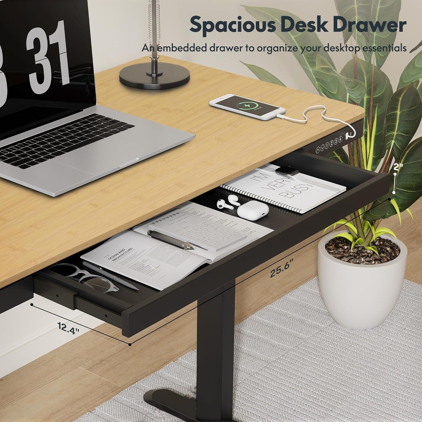 Comhar Electric Standing Desk with Drawer - Adjustable Bamboo & Black Frame with USB Charging Ports